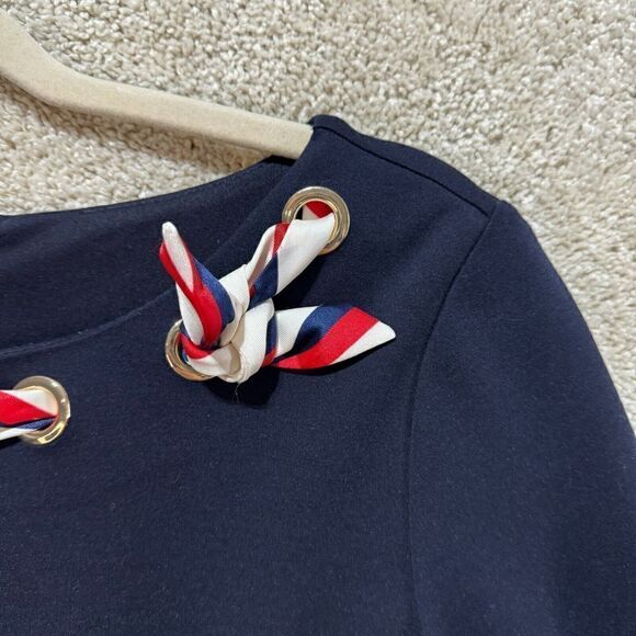 Talbots Ponte Fit &‎ Flare Dress Women's 4P Navy Blue Scarf Tie 3/4 Sleeve NWT - Picture 5 of 12